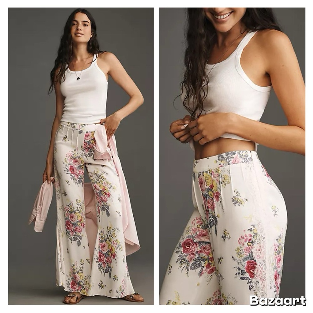 NWT By Anthropologie Floral Lace Silky Flare Pants Sz 8 - Picture 11 of 16